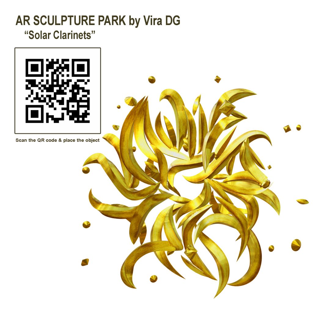 A digital artwork titled "Solar Clarinets" by Vira DG is shown. It features golden, ribbon-like shapes swirling and intertwining, resembling musical notes or wind instruments. The artwork is dynamic and visually engaging, with small golden geometric shapes floating around it. A QR code is present on the left side of the image, along with instructions to scan the code to place the object in augmented reality (AR).