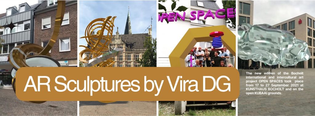 AR Sculpture Park by Vira DG displayed in Bocholt for the Open Spaces art project. Four different AR sculptures are shown in various outdoor settings with people interacting and the backdrop of city architecture.